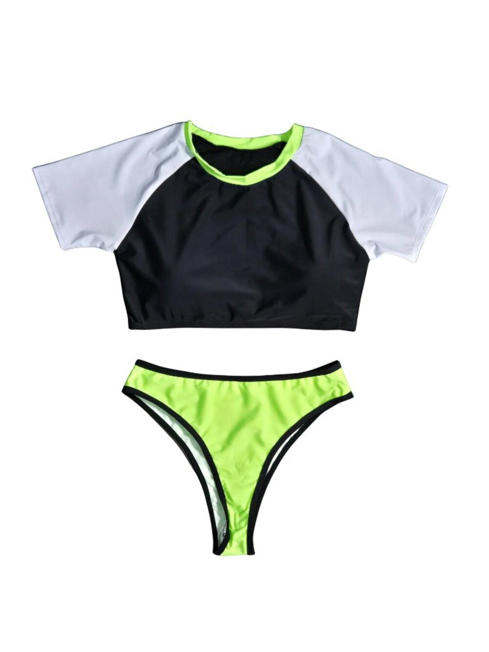 NWOT | Black & Neon Green 2-Piece Swimsuit | Short Sleeve Crop | Medium